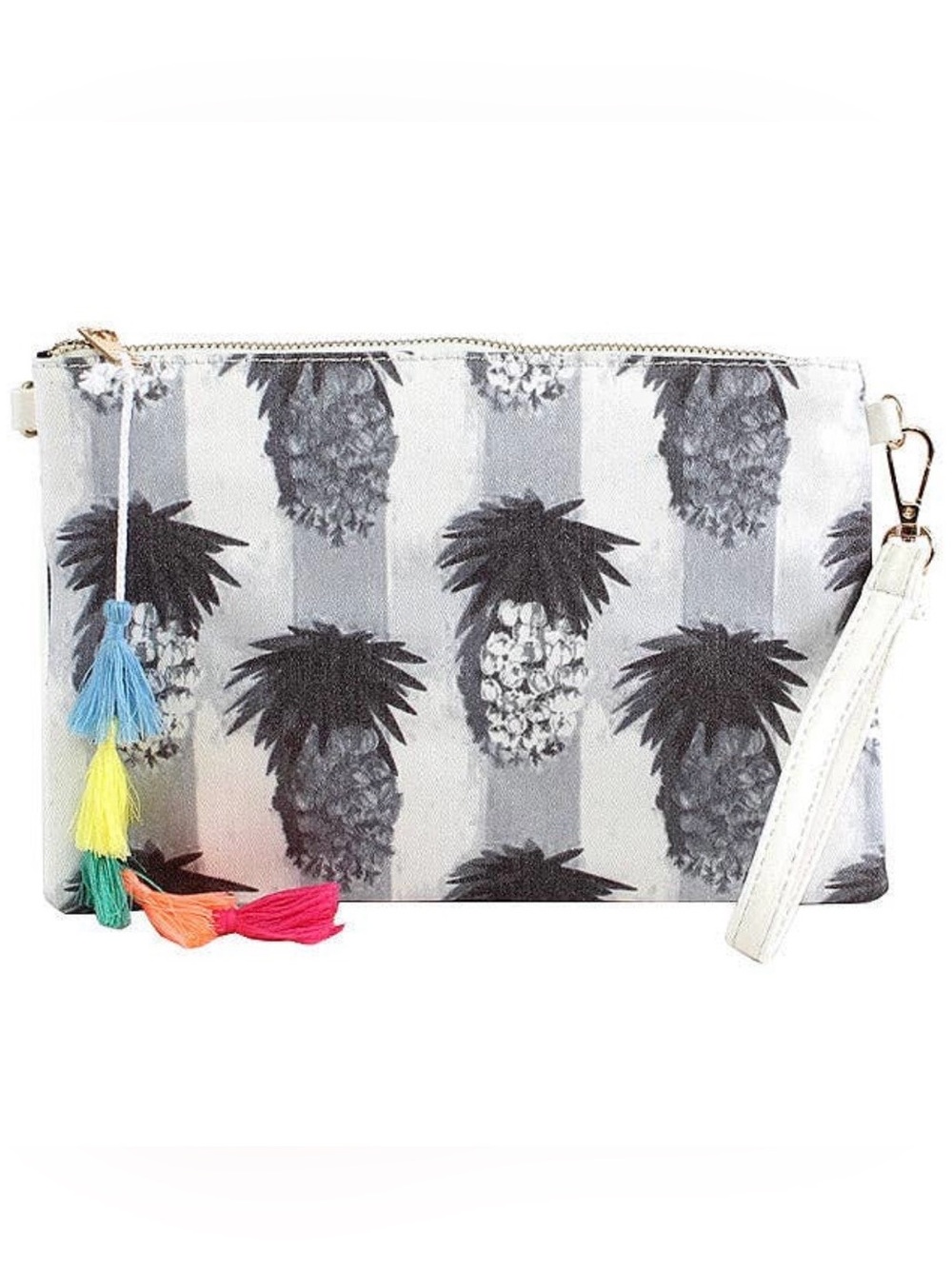Pineapple Printed Wristlet Clutch/Adjustable Cross Body Bag with fun tassels